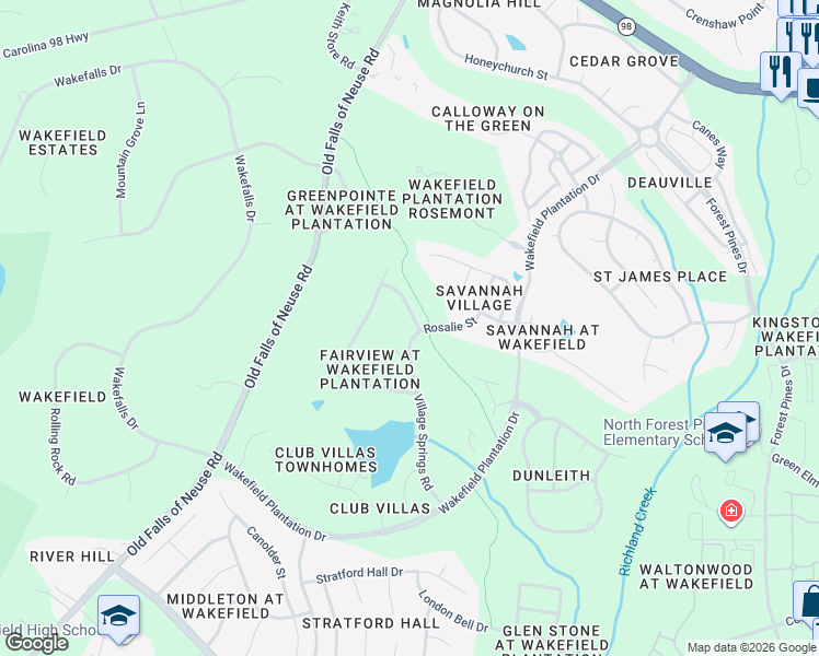 map of restaurants, bars, coffee shops, grocery stores, and more near 12617 Village Springs Road in Raleigh