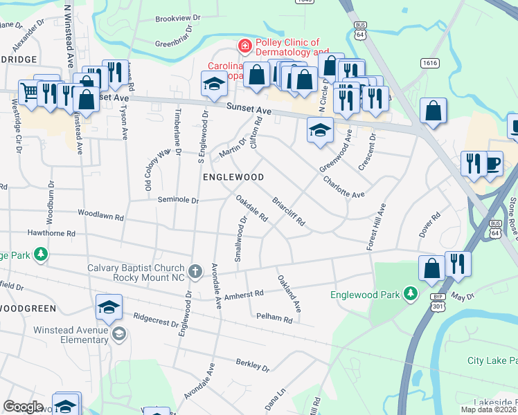 map of restaurants, bars, coffee shops, grocery stores, and more near 316 Oakdale Road in Rocky Mount