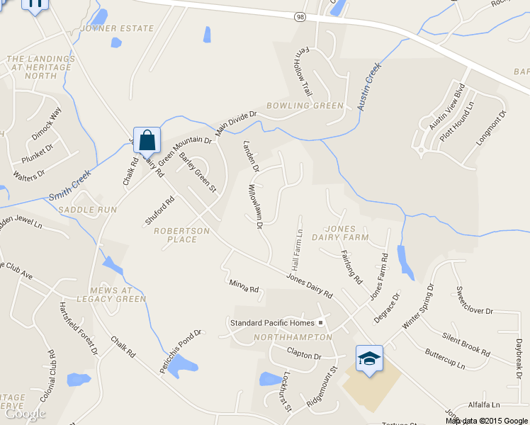 map of restaurants, bars, coffee shops, grocery stores, and more near 6404 Willowlawn Drive in Wake Forest