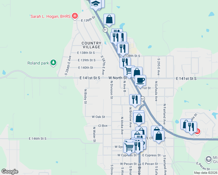 map of restaurants, bars, coffee shops, grocery stores, and more near 802 North Division Street in Coweta