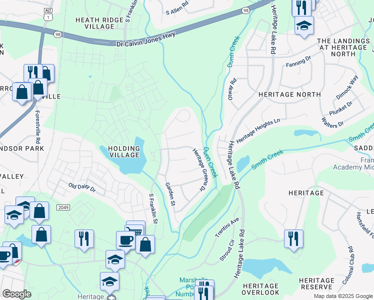 map of restaurants, bars, coffee shops, grocery stores, and more near 920 Heritage Greens Drive in Wake Forest