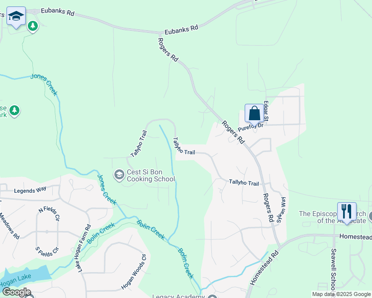 map of restaurants, bars, coffee shops, grocery stores, and more near 1322 Tallyho Trail in Chapel Hill