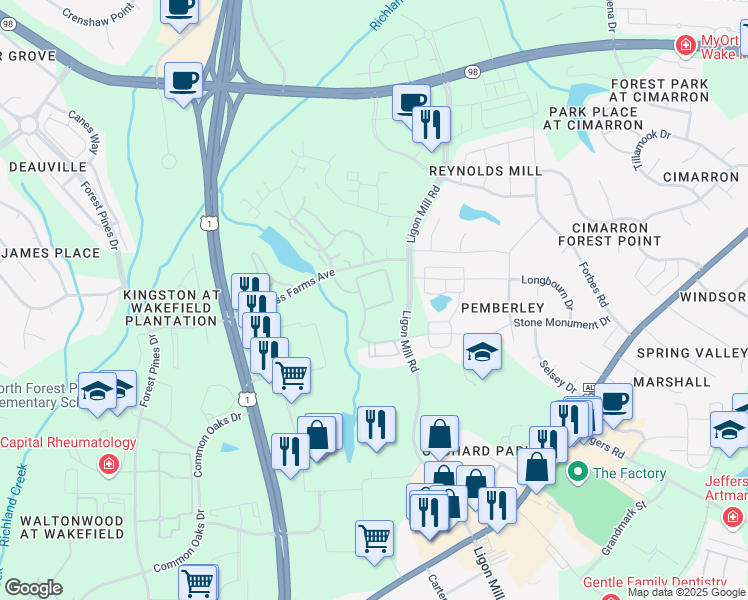 map of restaurants, bars, coffee shops, grocery stores, and more near 1610 Woodfield Creek Drive in Wake Forest