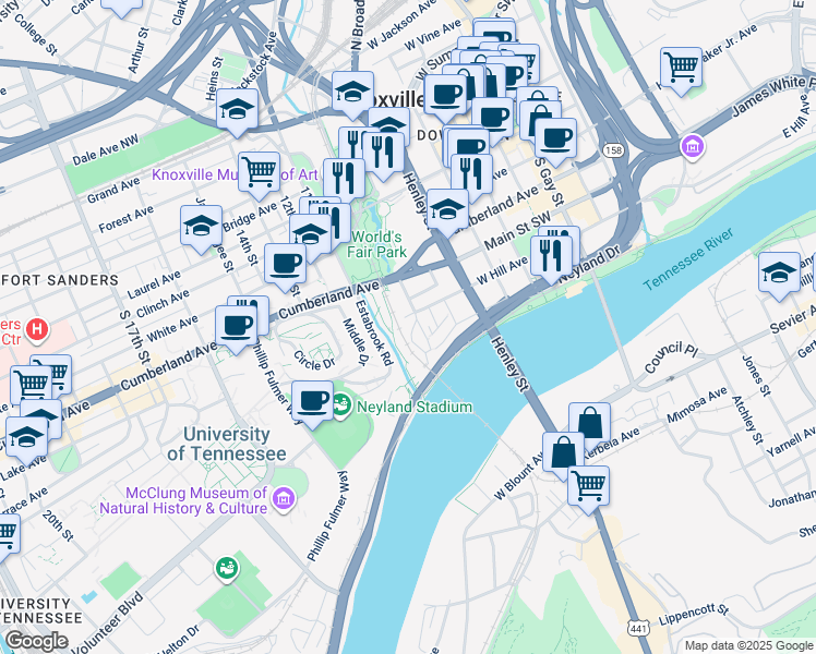 map of restaurants, bars, coffee shops, grocery stores, and more near 1004 Game Day Way in Knoxville