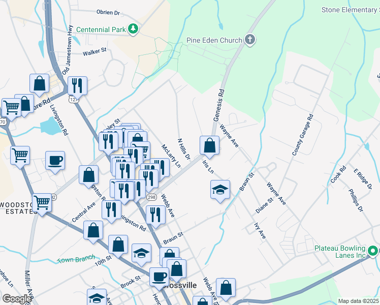 map of restaurants, bars, coffee shops, grocery stores, and more near 50 North Hills Drive in Crossville