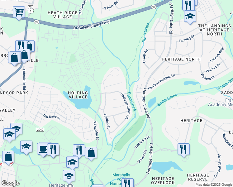 map of restaurants, bars, coffee shops, grocery stores, and more near 920 Heritage Greens Drive in Wake Forest