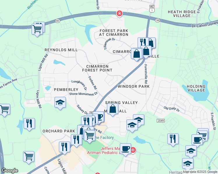 map of restaurants, bars, coffee shops, grocery stores, and more near 1518 South Main Street in Wake Forest