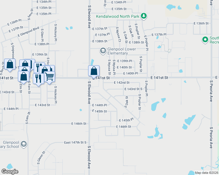 map of restaurants, bars, coffee shops, grocery stores, and more near 1165 East 143rd Street in Glenpool