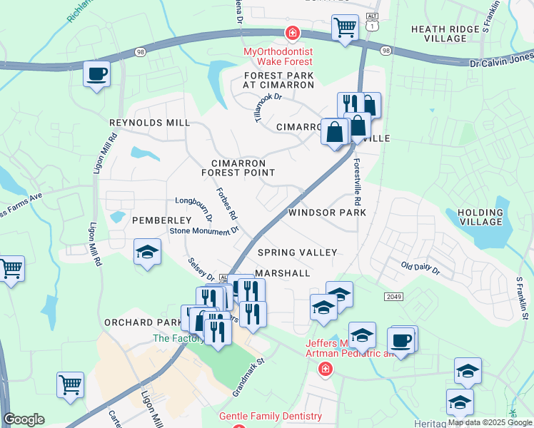 map of restaurants, bars, coffee shops, grocery stores, and more near 1454 Cimarron Parkway in Wake Forest