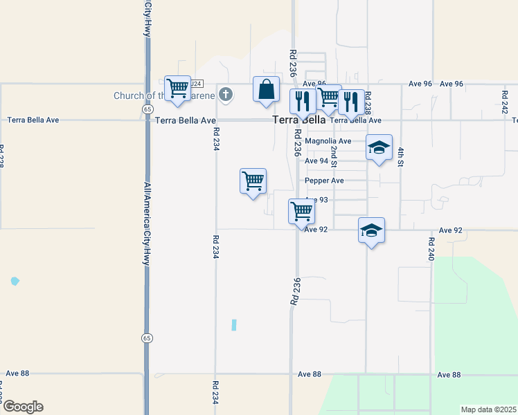 map of restaurants, bars, coffee shops, grocery stores, and more near 9289 Clemens Road in Terra Bella