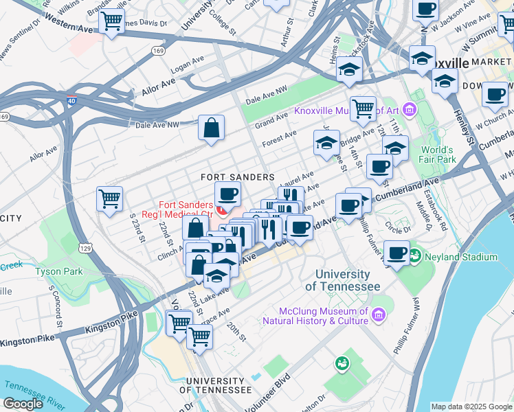 map of restaurants, bars, coffee shops, grocery stores, and more near 509 18th Street in Knoxville