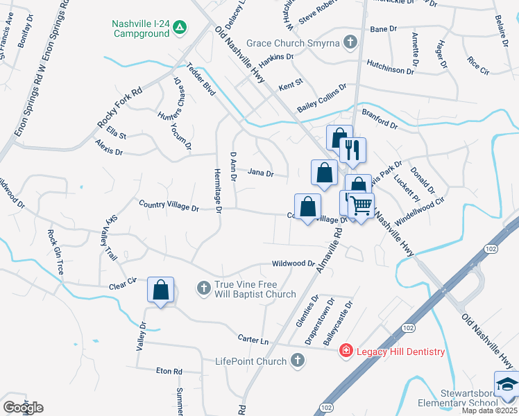 map of restaurants, bars, coffee shops, grocery stores, and more near 293 Country Village Drive in Smyrna