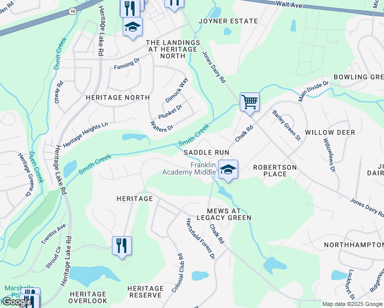 map of restaurants, bars, coffee shops, grocery stores, and more near 1537 Gracie Girl Way in Wake Forest