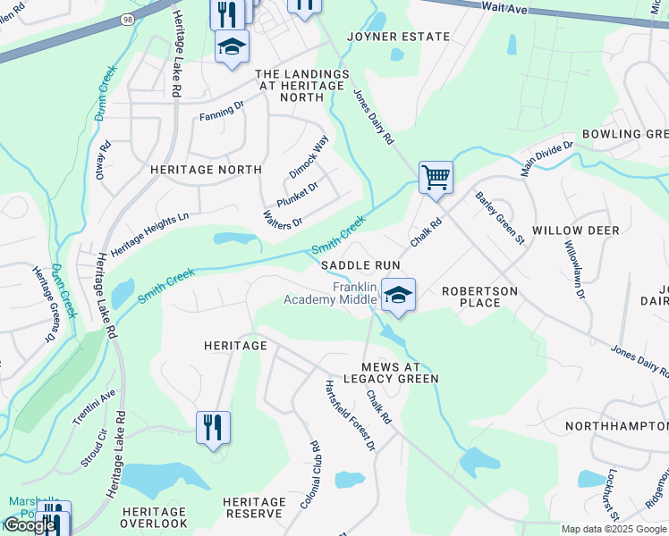 map of restaurants, bars, coffee shops, grocery stores, and more near 1537 Gracie Girl Way in Wake Forest
