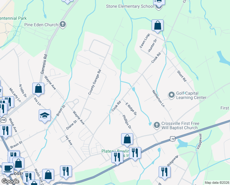 map of restaurants, bars, coffee shops, grocery stores, and more near 545 Cook Road in Crossville