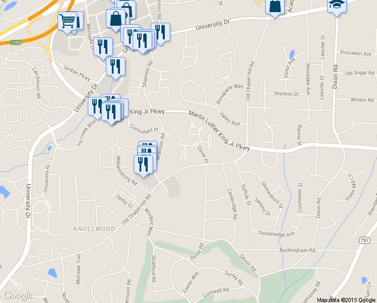map of restaurants, bars, coffee shops, grocery stores, and more near 45 Cheswick Place in Durham