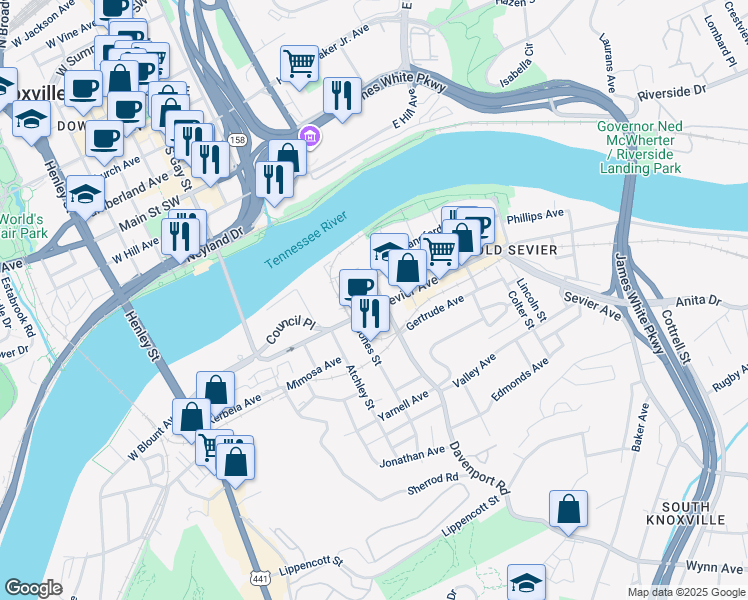 map of restaurants, bars, coffee shops, grocery stores, and more near 725 Sevier Avenue in Knoxville