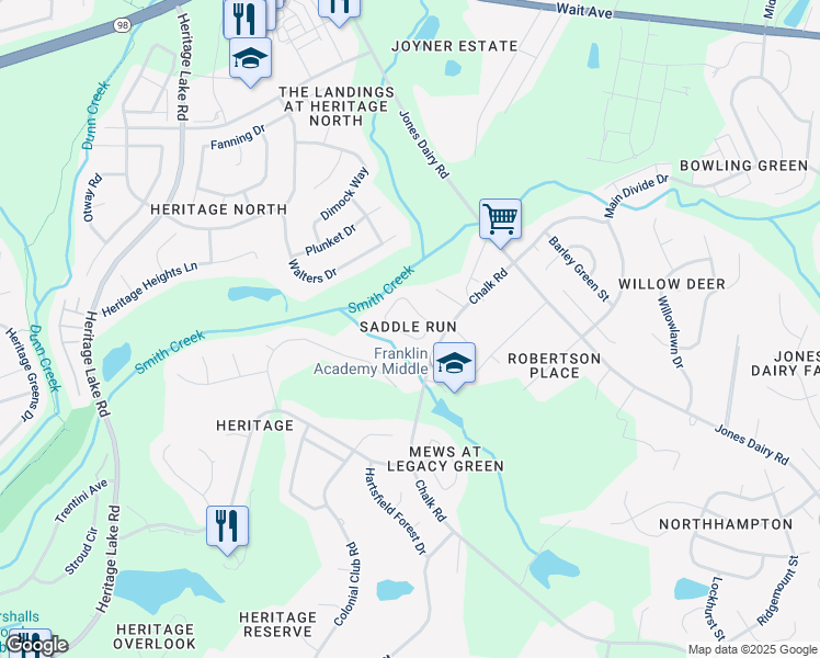 map of restaurants, bars, coffee shops, grocery stores, and more near 1512 Gracie Girl Way in Wake Forest