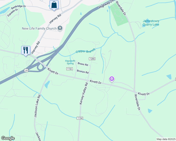 map of restaurants, bars, coffee shops, grocery stores, and more near 6600 Bronze Road in Jamestown