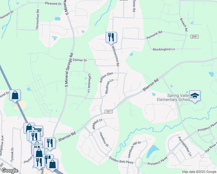 map of restaurants, bars, coffee shops, grocery stores, and more near 125 Windrush Lane in Durham