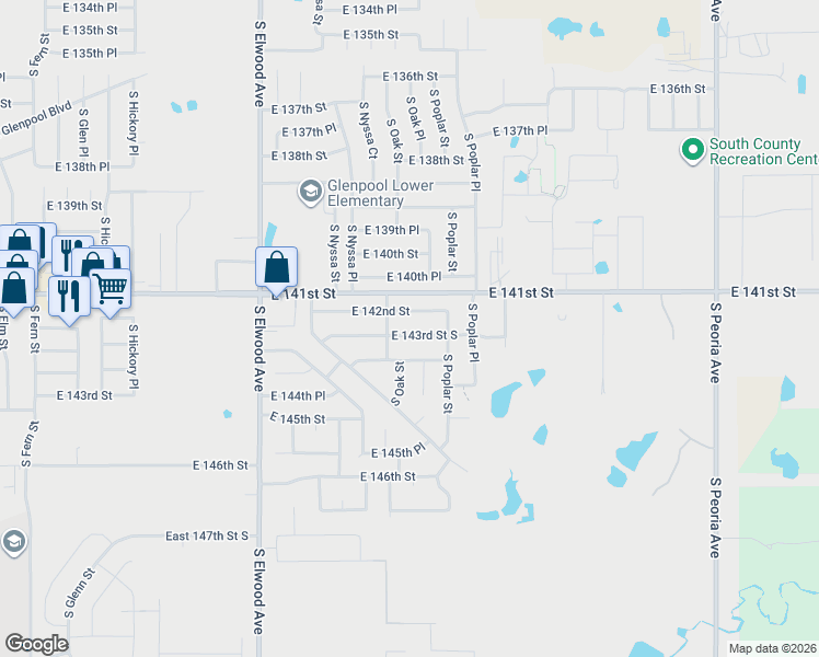 map of restaurants, bars, coffee shops, grocery stores, and more near 1323 East 143rd Street in Glenpool