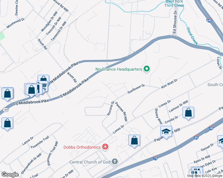 map of restaurants, bars, coffee shops, grocery stores, and more near 4619 Sunflower Road in Knoxville