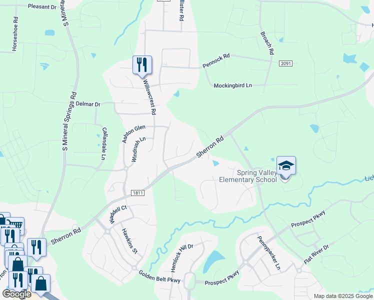map of restaurants, bars, coffee shops, grocery stores, and more near 145 Token House Road in Durham