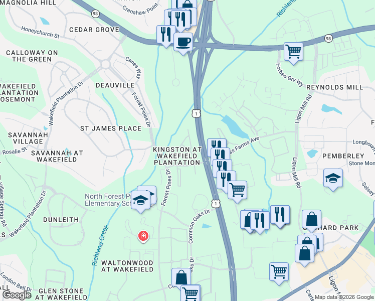 map of restaurants, bars, coffee shops, grocery stores, and more near 11827 Canemount Street in Raleigh