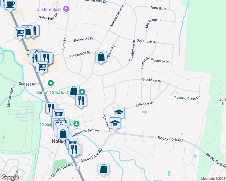 map of restaurants, bars, coffee shops, grocery stores, and more near 102 Mill Creek Lane in Nolensville