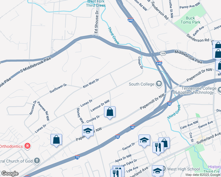 map of restaurants, bars, coffee shops, grocery stores, and more near 4215 Lonas Drive in Knoxville