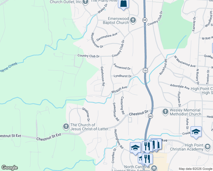 map of restaurants, bars, coffee shops, grocery stores, and more near 1119 Gatehouse Road in High Point