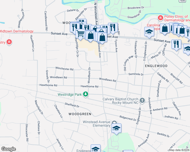 map of restaurants, bars, coffee shops, grocery stores, and more near 3508 Woodlawn Rd in Rocky Mt