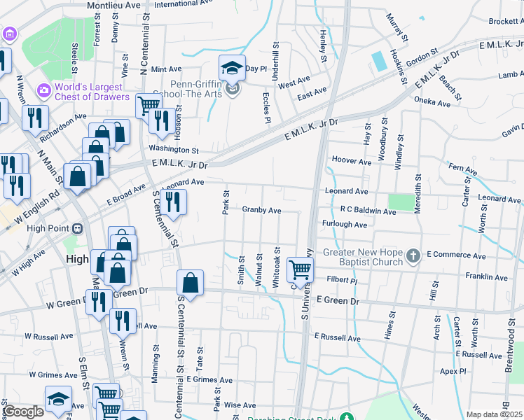 map of restaurants, bars, coffee shops, grocery stores, and more near 398 Walnut Street in High Point