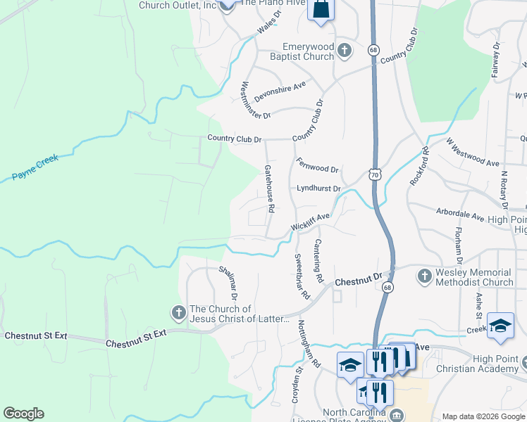 map of restaurants, bars, coffee shops, grocery stores, and more near 1119 Gatehouse Road in High Point