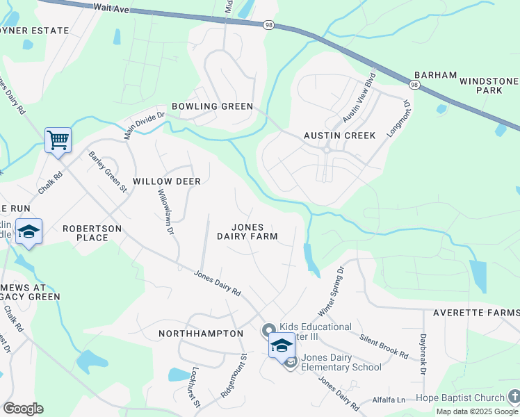 map of restaurants, bars, coffee shops, grocery stores, and more near 6320 Charmco Court in Wake Forest