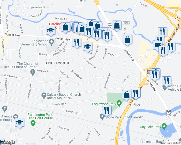 map of restaurants, bars, coffee shops, grocery stores, and more near 218 Clifton Road in Rocky Mount
