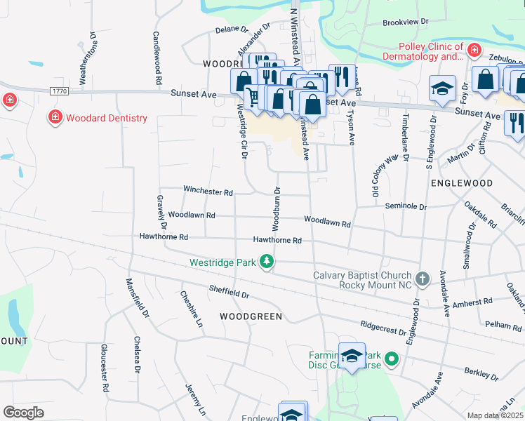 map of restaurants, bars, coffee shops, grocery stores, and more near 3604 Woodlawn Road in Rocky Mount