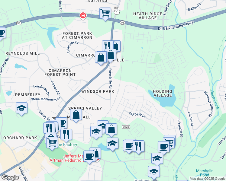 map of restaurants, bars, coffee shops, grocery stores, and more near 221 Forestville Road in Wake Forest