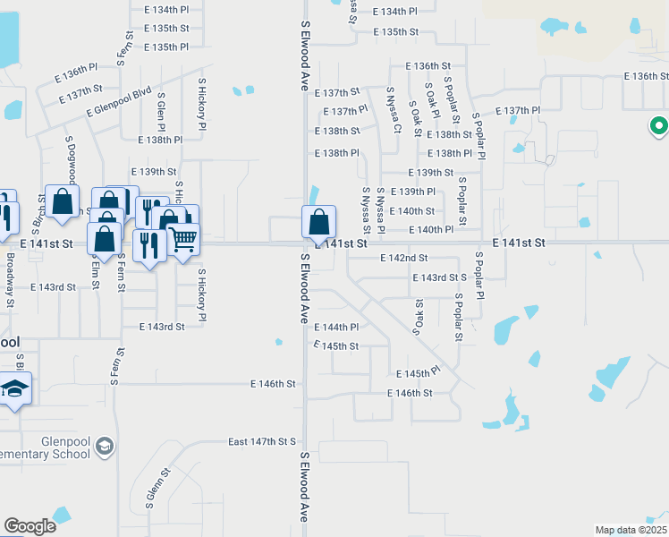 map of restaurants, bars, coffee shops, grocery stores, and more near 14256 South Nyssa Avenue in Glenpool