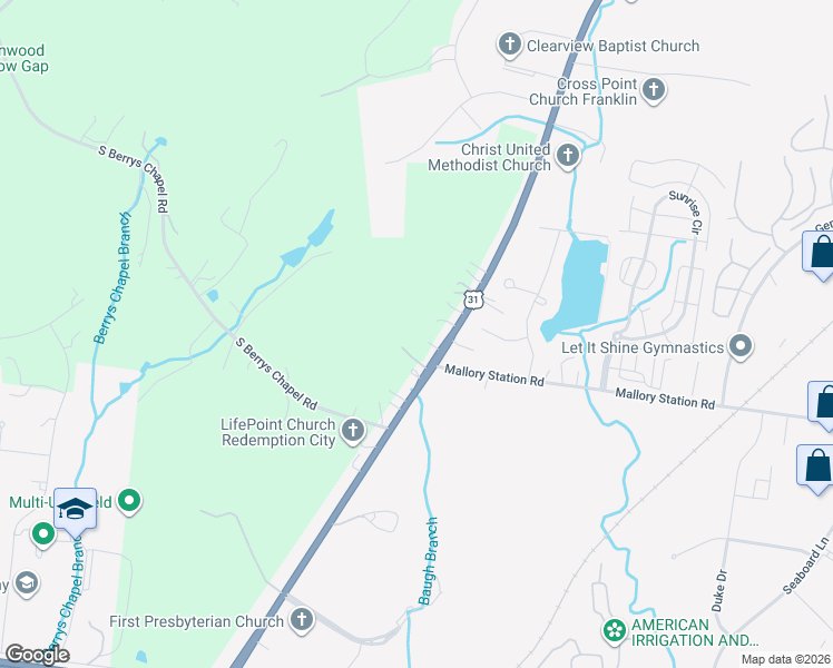map of restaurants, bars, coffee shops, grocery stores, and more near 455 Franklin Road in Franklin