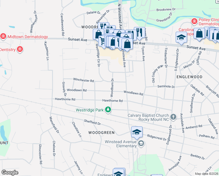 map of restaurants, bars, coffee shops, grocery stores, and more near 3600 Woodlawn Rd in Rocky Mt