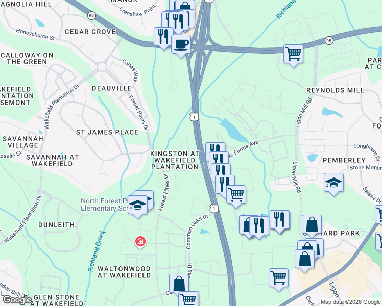 map of restaurants, bars, coffee shops, grocery stores, and more near 11827 Canemount Street in Raleigh
