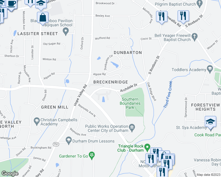 map of restaurants, bars, coffee shops, grocery stores, and more near 401 Archdale Drive in Durham