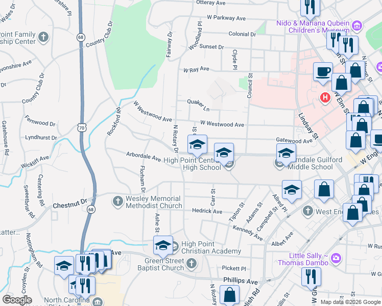 map of restaurants, bars, coffee shops, grocery stores, and more near 907 Ferndale Boulevard in High Point