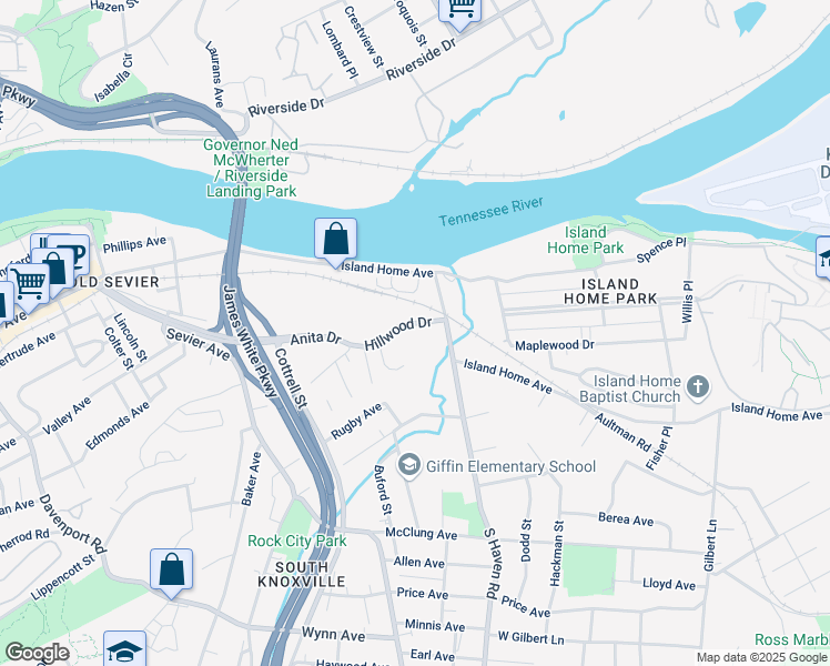 map of restaurants, bars, coffee shops, grocery stores, and more near 1758 Hillwood Drive in Knoxville