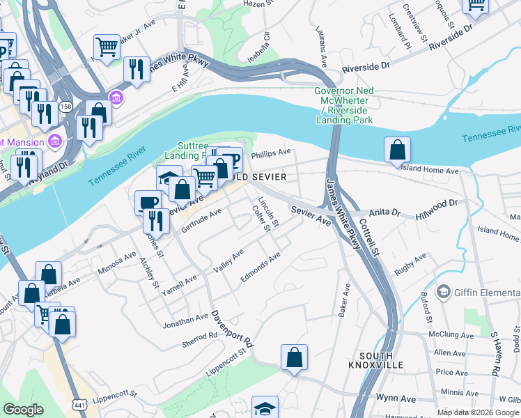 map of restaurants, bars, coffee shops, grocery stores, and more near 1134 Irene Avenue in Knoxville