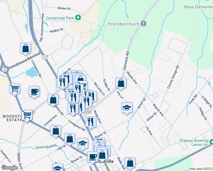 map of restaurants, bars, coffee shops, grocery stores, and more near 50 North Hills Drive in Crossville