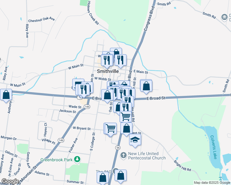 map of restaurants, bars, coffee shops, grocery stores, and more near 404 S 3rd St in Smithville