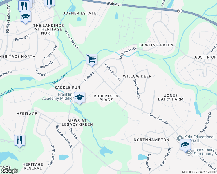 map of restaurants, bars, coffee shops, grocery stores, and more near 708 Jones Dairy Road in Wake Forest
