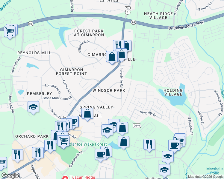 map of restaurants, bars, coffee shops, grocery stores, and more near 1341 Highland Drive in Wake Forest